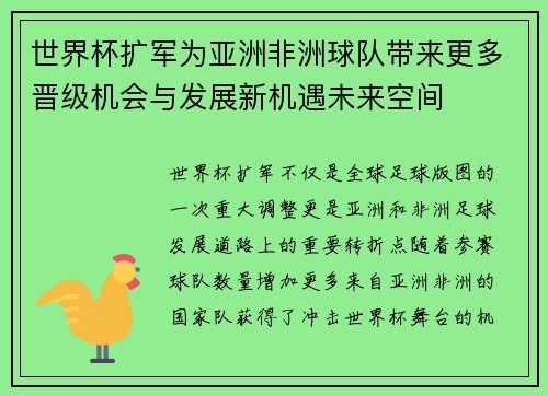 世界杯扩军为亚洲非洲球队带来更多晋级机会与发展新机遇未来空间 世界杯扩军为亚洲非洲球队带来更多晋级机会与发展新机遇未来空间